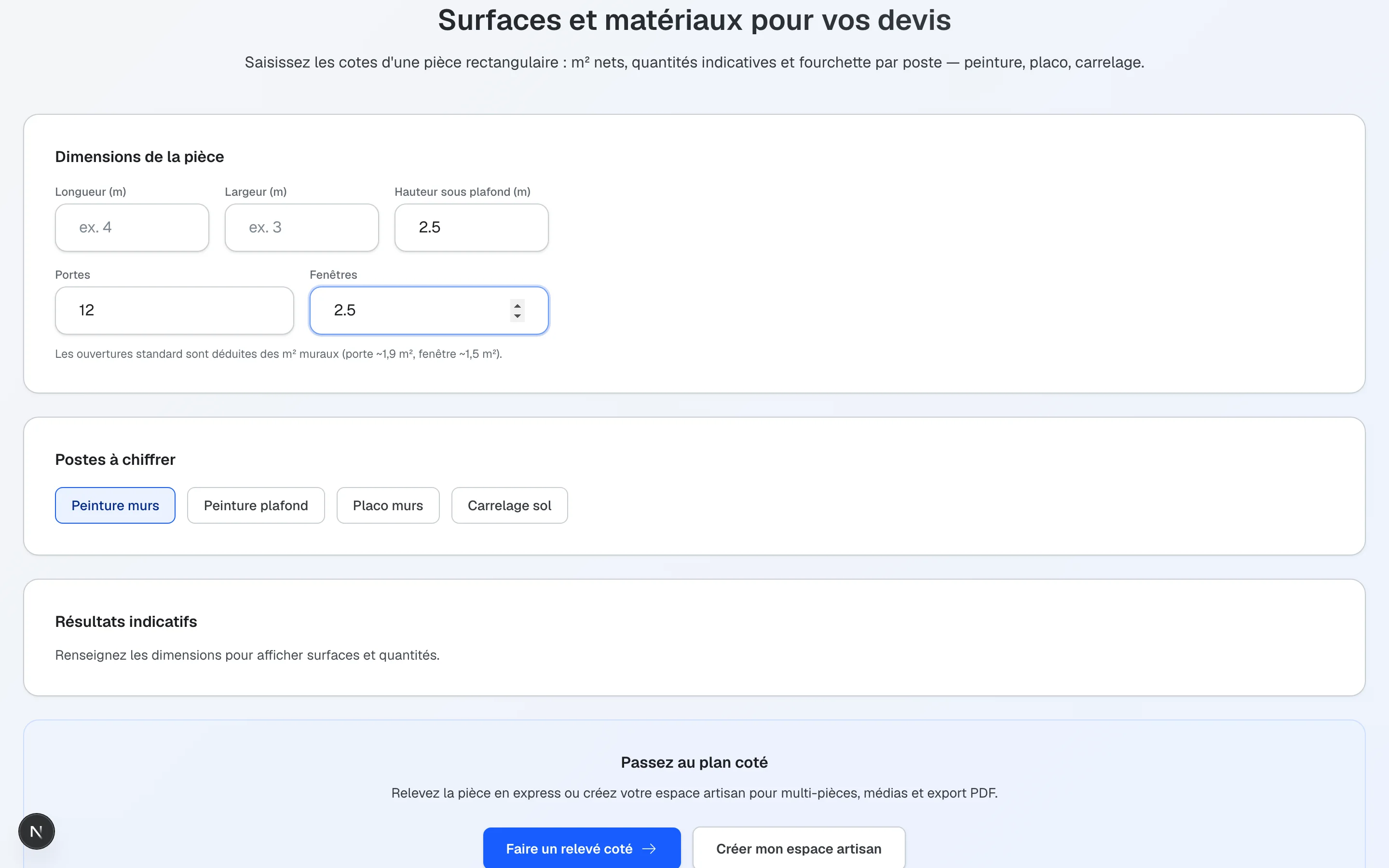 Aperçu du calculateur surfaces et matériaux Kodarch