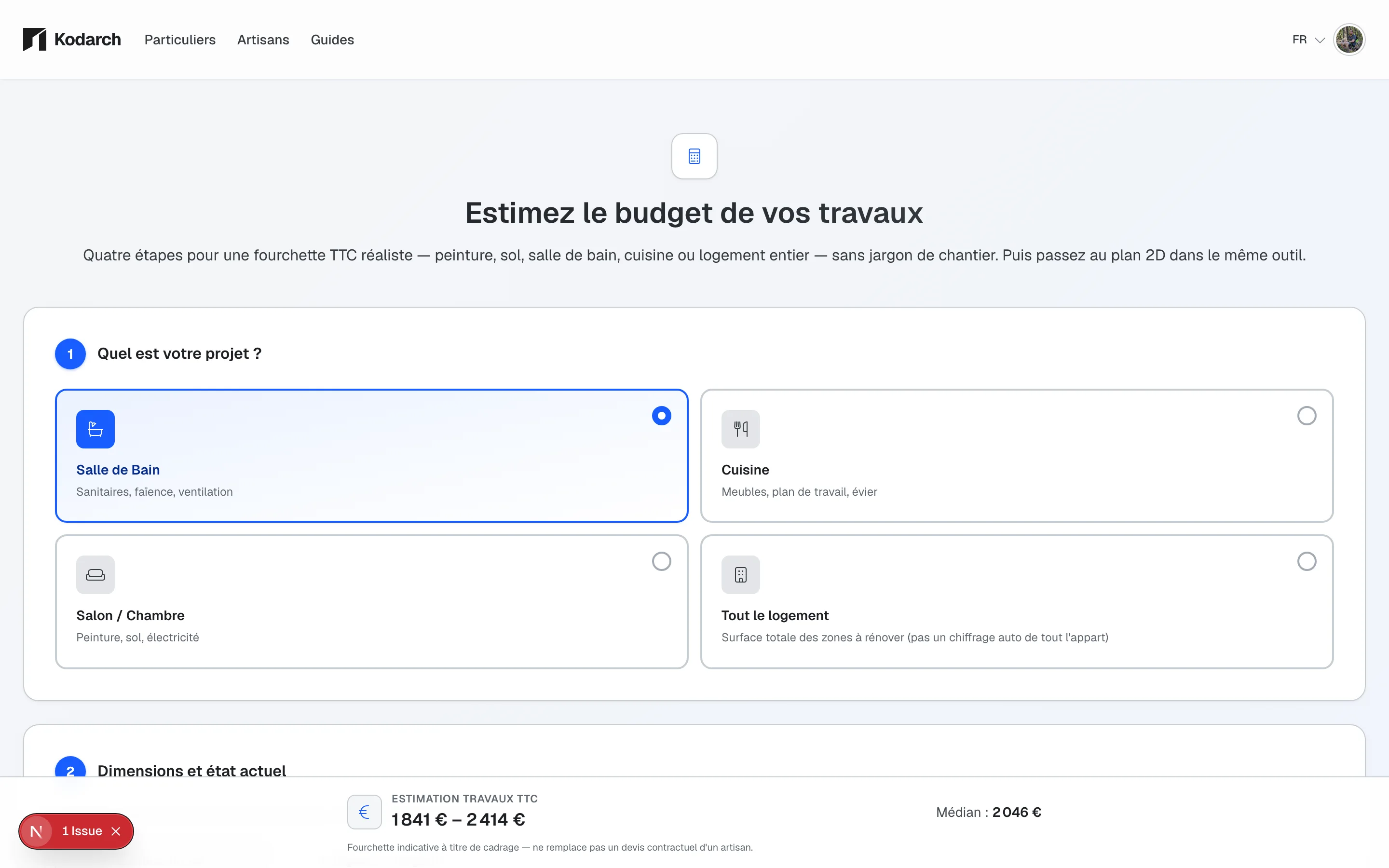 Preview of the Kodarch bathroom budget calculator