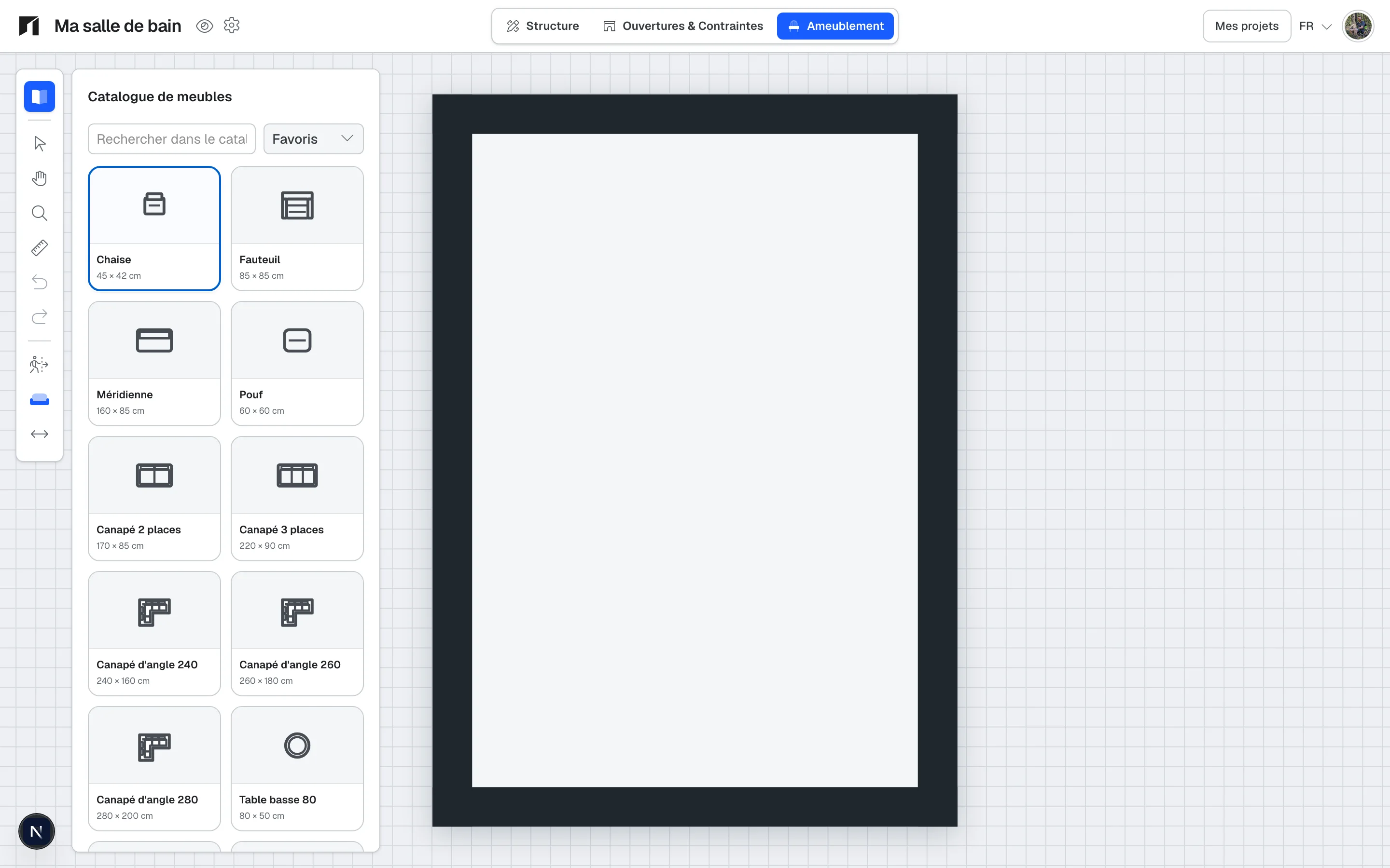 Preview of a 2D bathroom floor plan in Kodarch