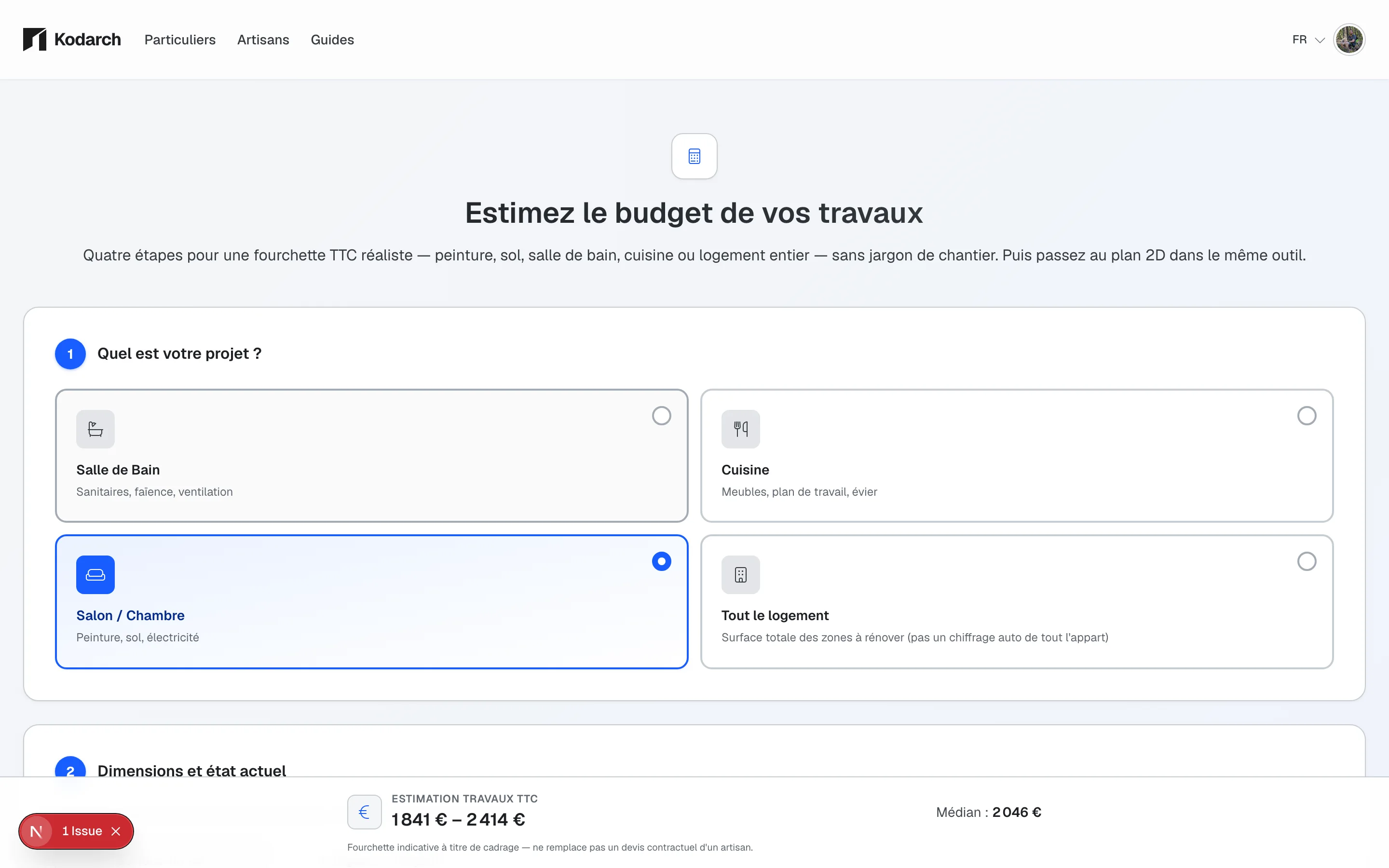 Aperçu du simulateur budget travaux Kodarch